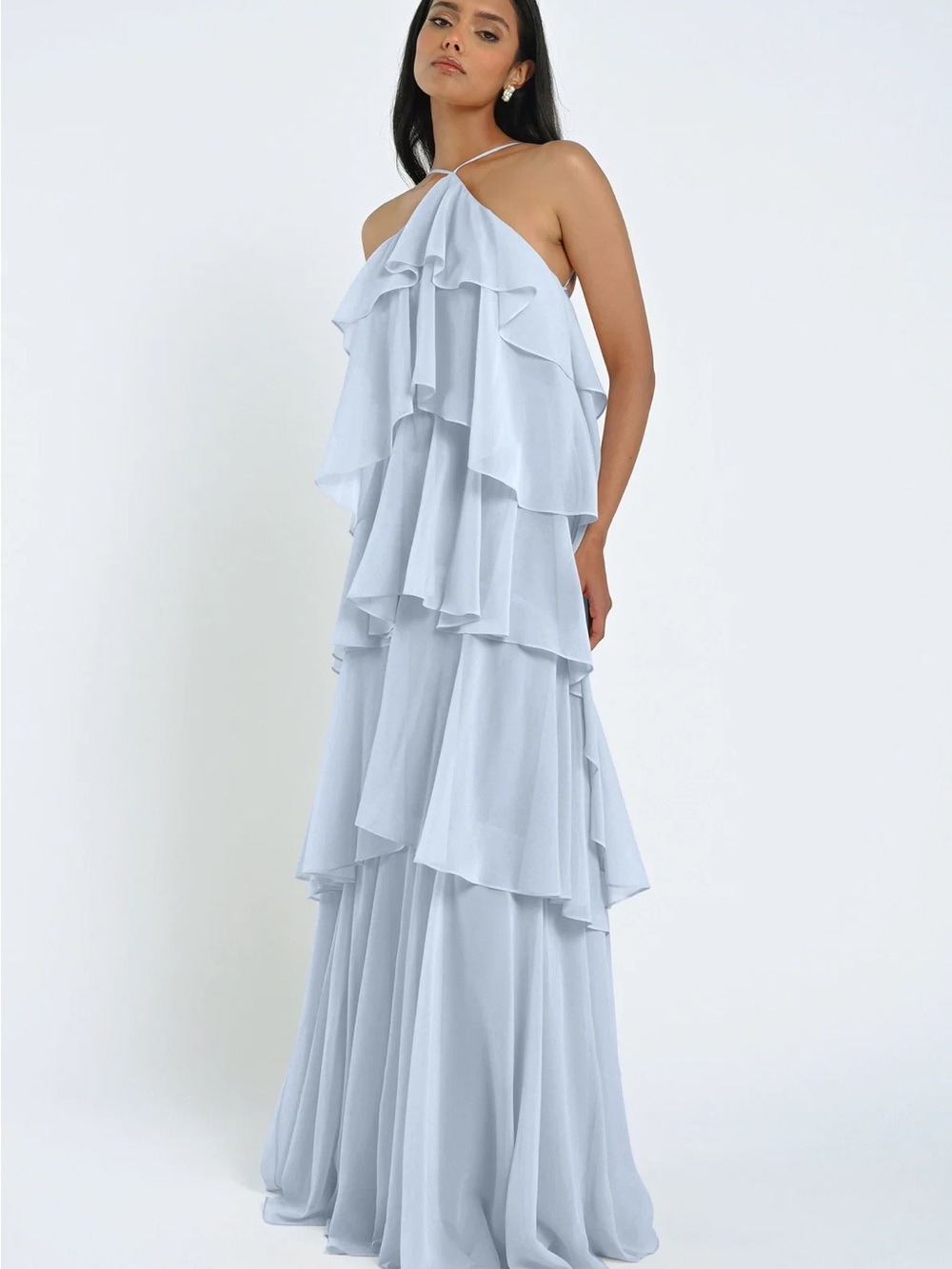 Jenny Yoo Whisper Blue Farley Ruffle Halter Maxi Gown